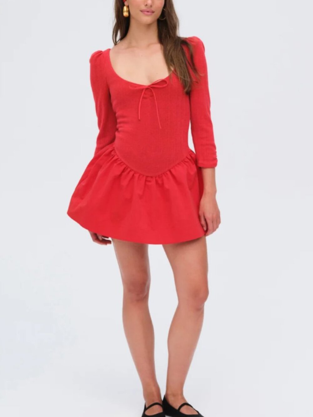For Love & Lemons Aliyah Pointelle Mini Red Long Sleeve Tiered Dress Large NWT